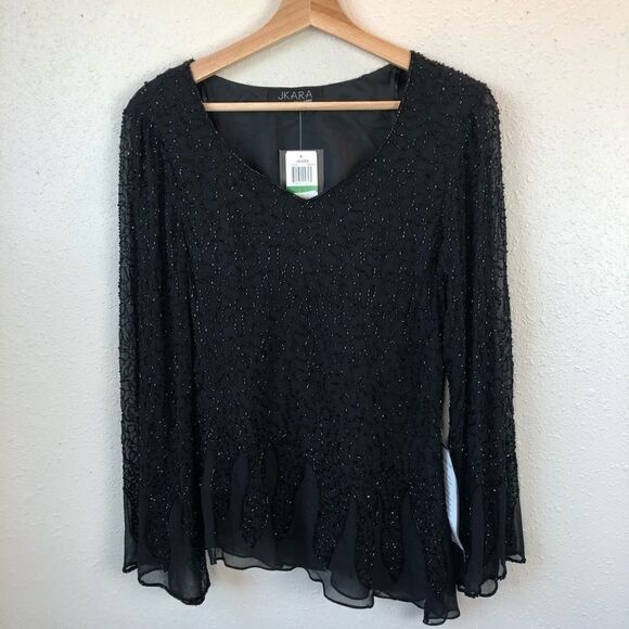 NWT JKARA New York Black Beaded Blouse Top Size L - Picture 1 of 6